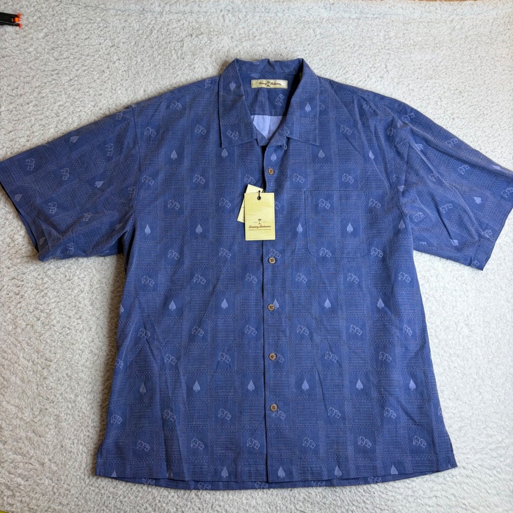 NEW Tommy Bahama Mens XL Blue Silk Risk Rewards Poker Dice Gambling Camp Shirt